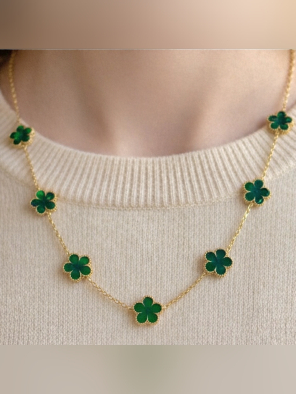 Gold Toned Necklace with Green Clover Motifs, 20" W/3"extender, NWT